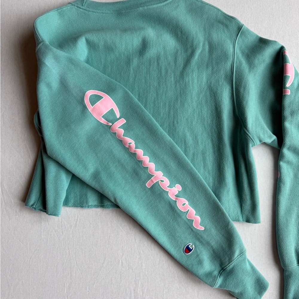 Champion Cropped Mint and Pink Sleeve Logo Crewneck - Picture 5 of 5